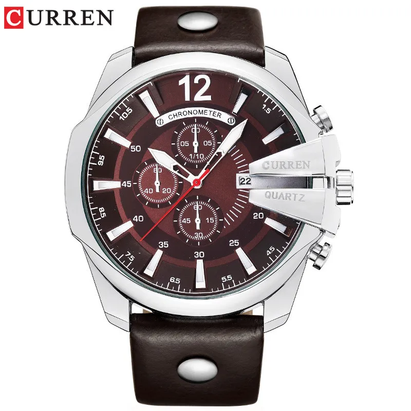 silver brown Мужской Элитный бренд CURREN новые модные повседневные спортивные часы Современный дизайн кварцевые наручные часы из натуральной кожи ремешок мужские часы - Цвет: silver brown