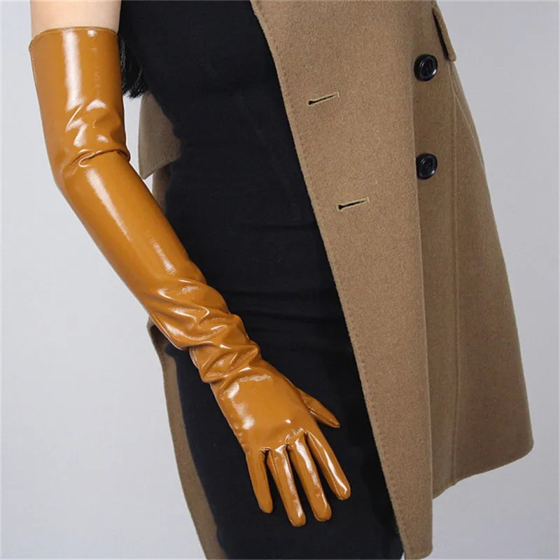

60cm Patent Leather Long Gloves Extra Long Over Elbow PU Emulation Leather Bright Leather Light Brown Caramel Toffee WPU51-60