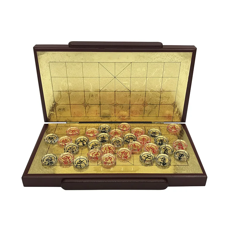 

New Wood Chinese Chess Game Set Folding Chessboard Crystal Pieces Glittering Gold Foil Chessboard Upscal Chess Good Gift