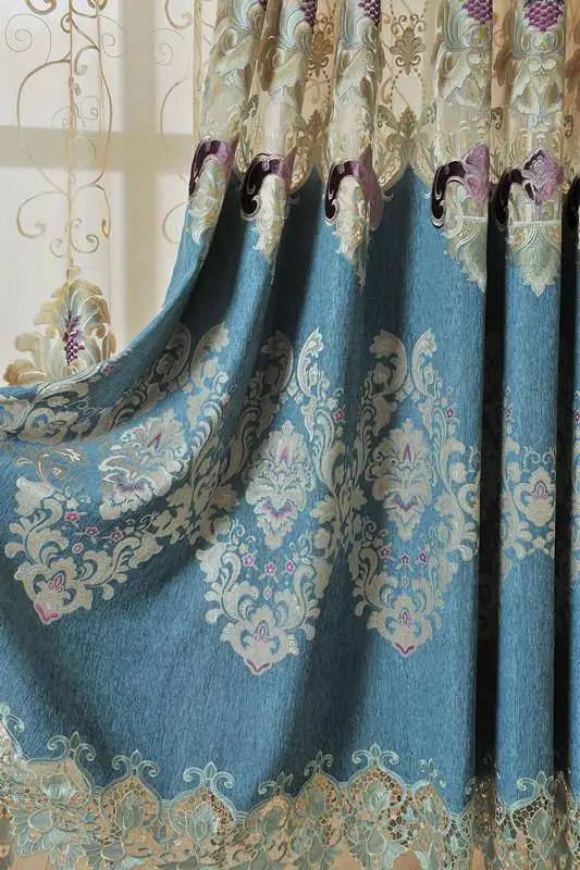 Синяя Бирюзовая плотная светонепроницаемая штора с вышивкой Классические
