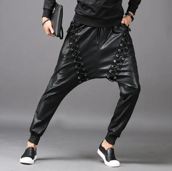 Black personality fashion slim harem pants mens leather trousers pantalones hombre cargo feet pants for men pantalon homme