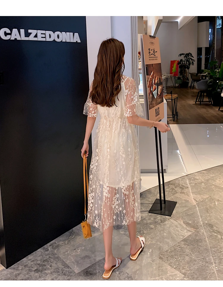 Comelsexy модная женская цветочная вышивка с сеткой Платье летнее с коротким рукавом платье с цветочным рисунком элегантные с эластичной талией вечерние платья для пляжа