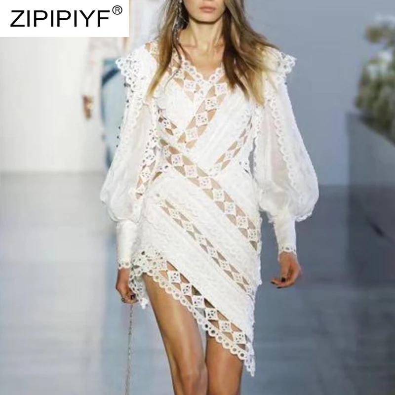 

Hot Selling Sexy Dress Hollow Out V Neck Long Lantern Sleeve Asymmetric Dresses Night Club Patchwork High Waist Lace Dress Z194