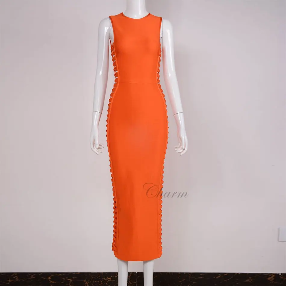 Женские облегающие платья до середины икры оранжевые красные вечерние без