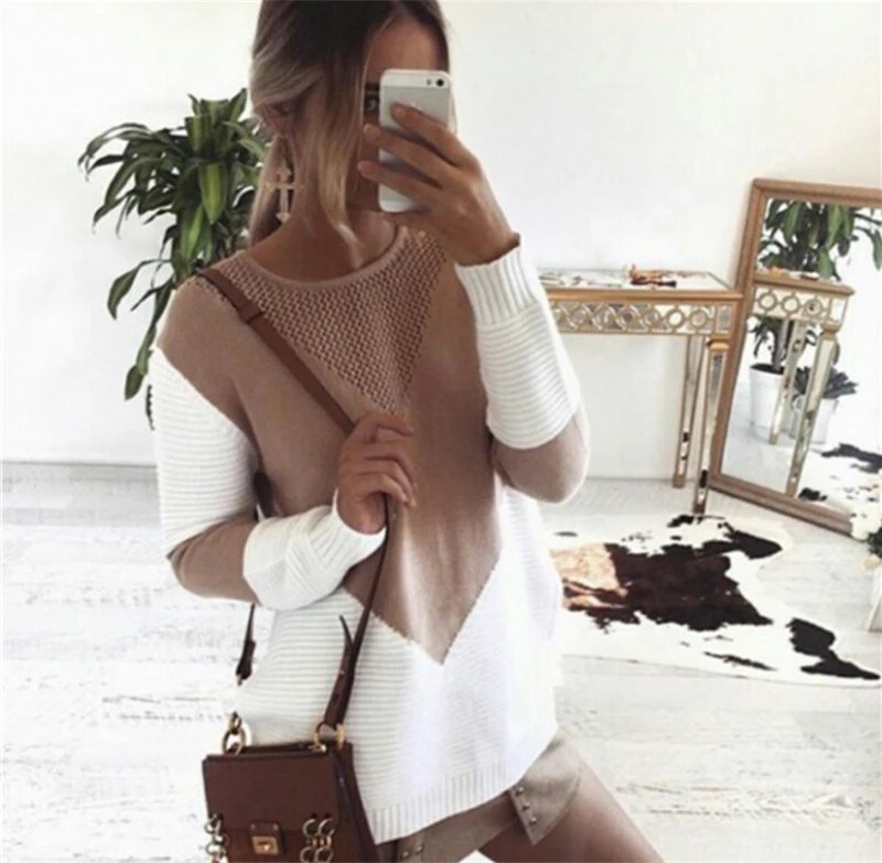 Yaomei Autumn Patchwork Sweater Women 2017 Knitted Sweaters and Pullovers Loose Jumper Hollow Out Split | Женская одежда