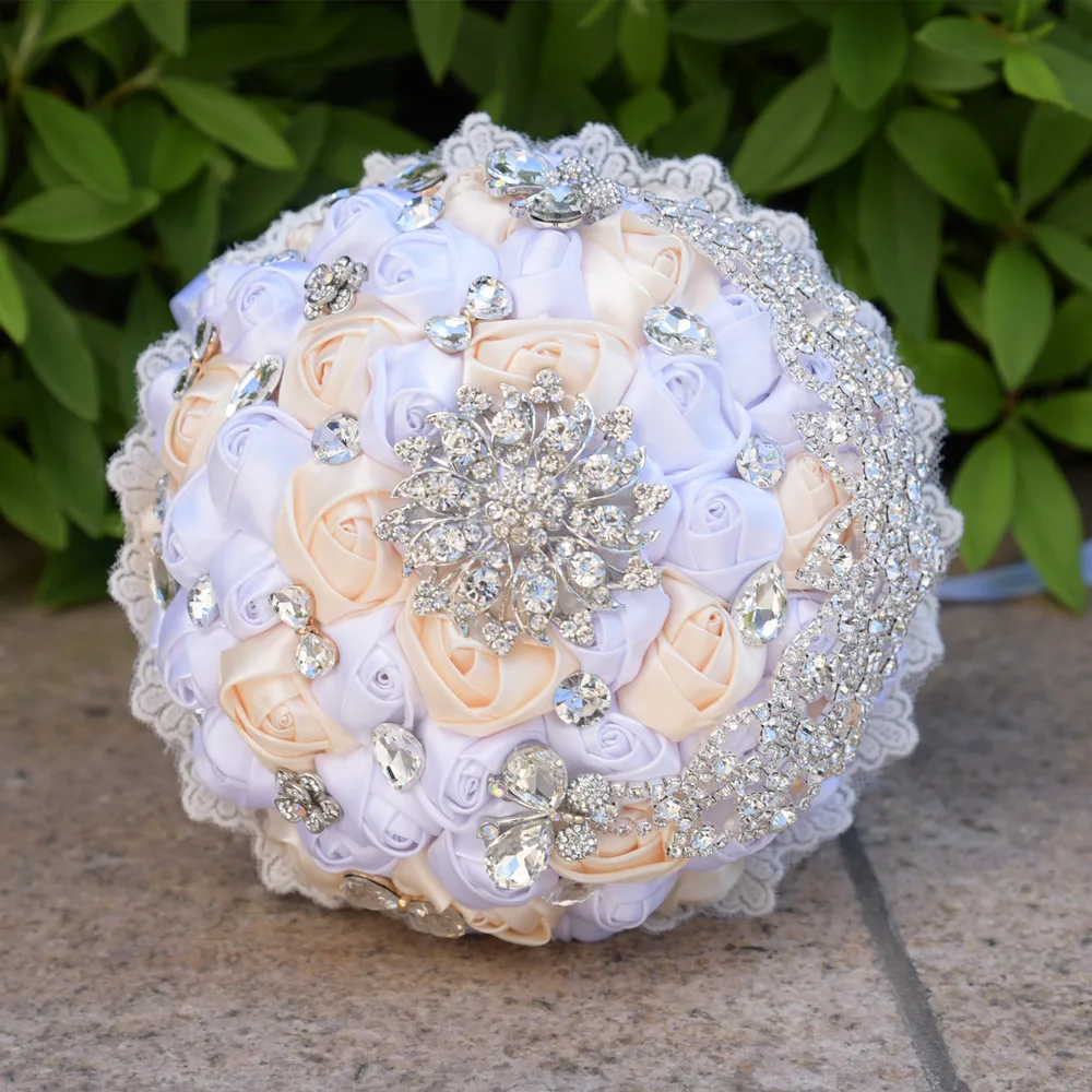Wedding Bouquet Blush Bride Holding Flowers Artificial Bouquet Ribbon Rhinestone Pearl Bouquet Decoration Bride Groom Dance