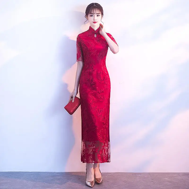 Традиционная Цветочная вышивка Мини Qipao Благородное женское сексуальное тонкое платье китайское винтажное кружевное свадебное платье Cheongsam Vestidos Z-1021 - Цвет: Burgundy 2