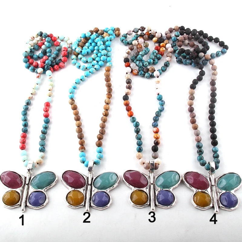 Новинка! MOODPC 108 бусины Mala Multi Stone сплетенные бабочки ожерелье с подвеской Женская