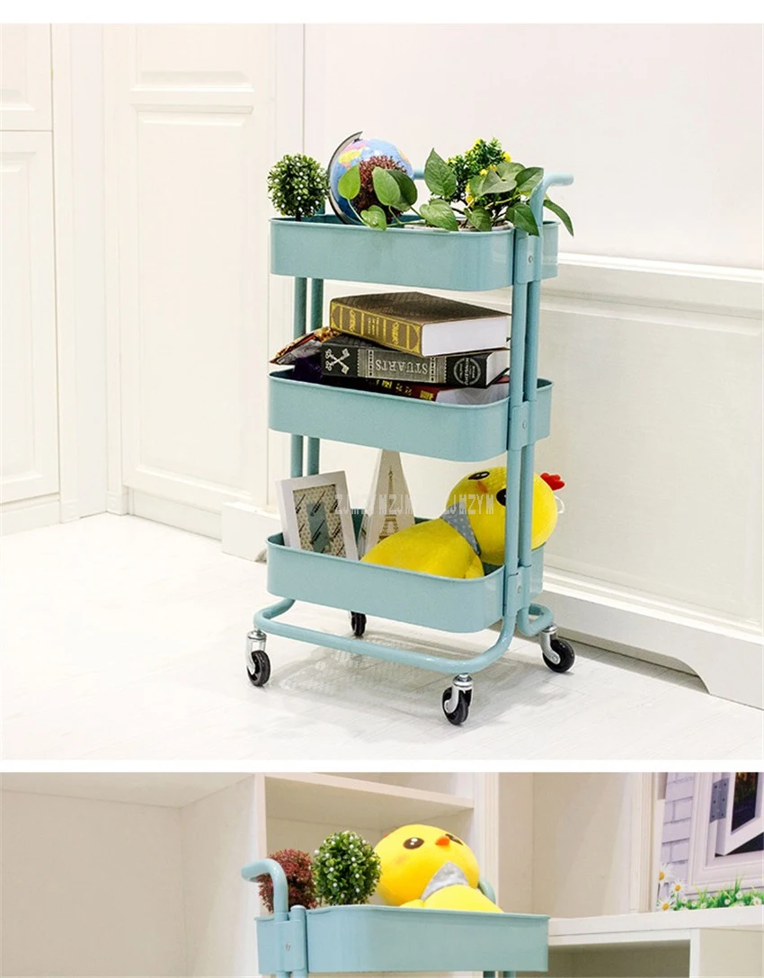 Модные креативные 3 яруса из углеродистой стали, домашний стеллаж для хранения в гостиной, коляска на колесиках, кухонный Органайзер с 4 колесами