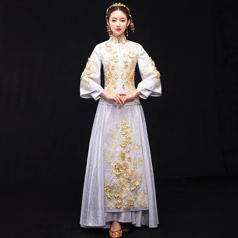 

Beige White Chinese Slim Traditional Dress Wedding gown Female Long Sleeve Cheongsam Qipao for Overseas Chinese Wedding Party