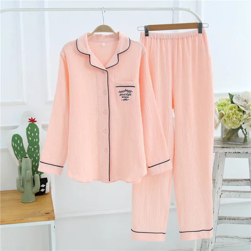 

2019 New Pajamas For Women Casual Home Clothes 100% Cotton Pure Color Long Sleeve Pyjama Femme Homewear Blue White Pink