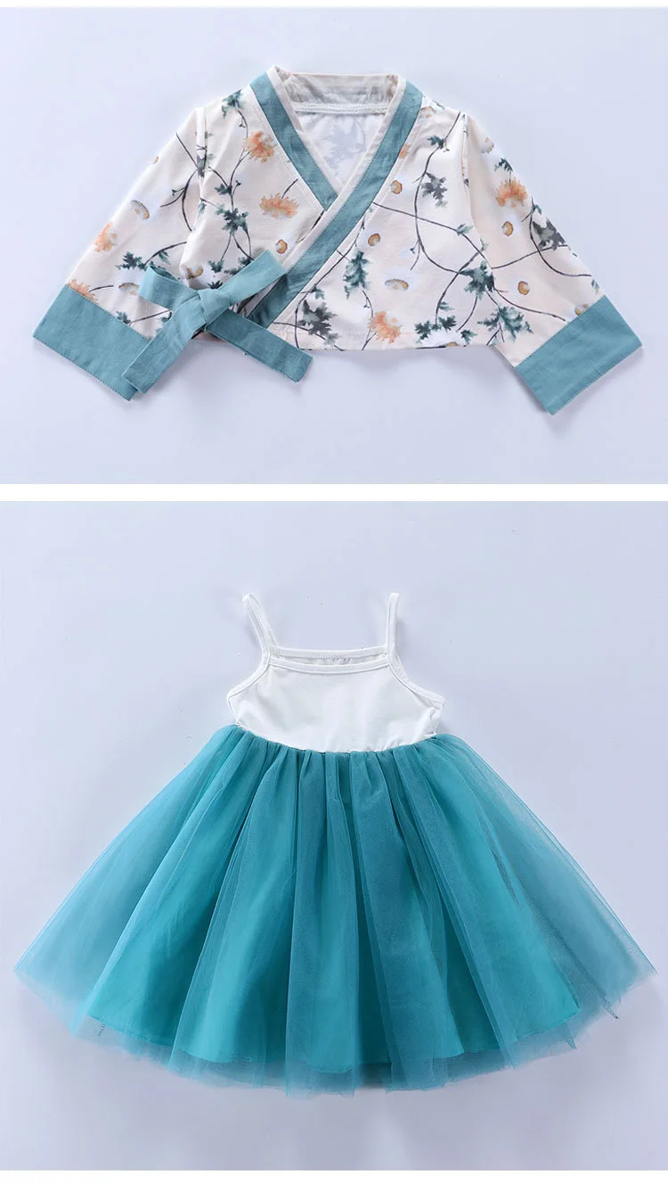 Hanfu/комплект одежды для девочек, коллекция года, новое весеннее детское пышное платье принцессы с длинными рукавами+ пальто, костюмы из 2 предметов для девочек, китайский style2-10T