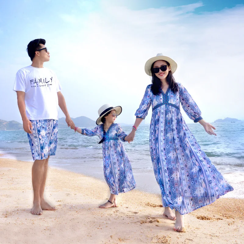 Mother Daughter Dresses Family Matching Clothes Shirts Blue and White Porcelainsale Hanfu Chinese National Traditional Costume | Мать и