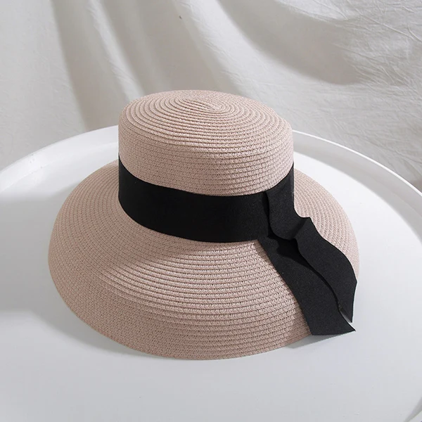 Pink Ymsaid, женская шляпа от солнца, летняя пляжная соломенная шляпа, женская шляпа-канотье с ленточным галстуком для отдыха, праздника, Одри Хепберн - Цвет: Pink