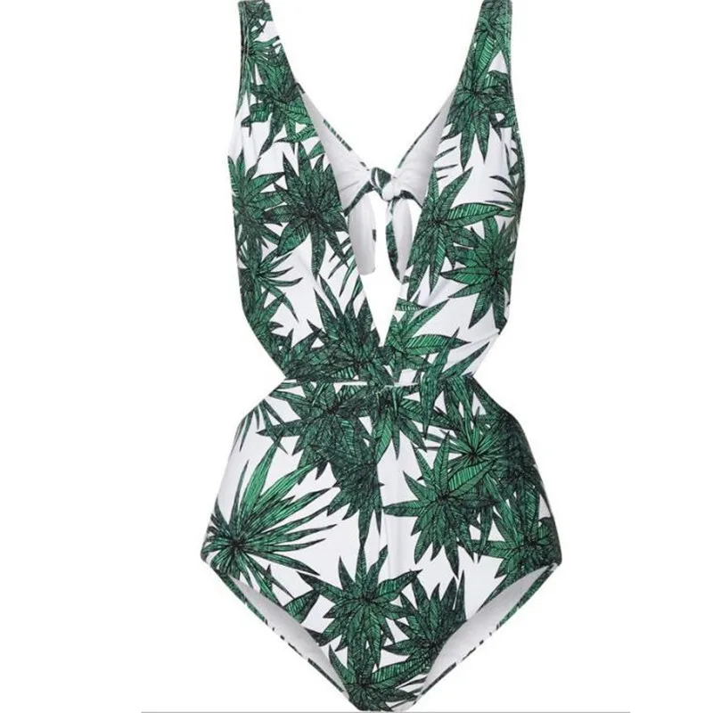 

2018 One Piece Swimsuit Sexy High Waist Swimwear Women Cut Out Bodysuit Palm Leaf Trikini Beachwear Bathing Suit Female Monokini