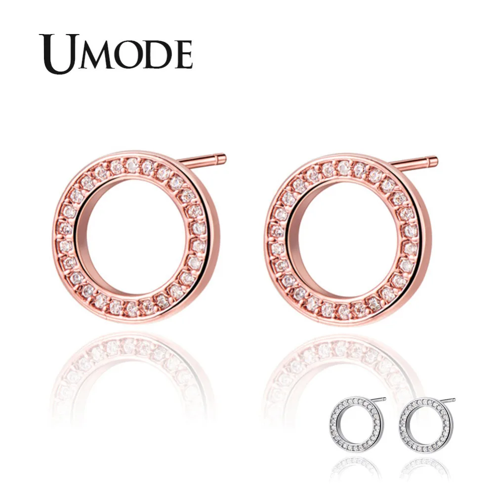 UMODE Новые прозрачные круглые циркониевые Полые О-образные серьги-гвоздики для женщин, Белые и розовые золотые фианитовые кристаллы, полированные ювелирные изделия AUE0531