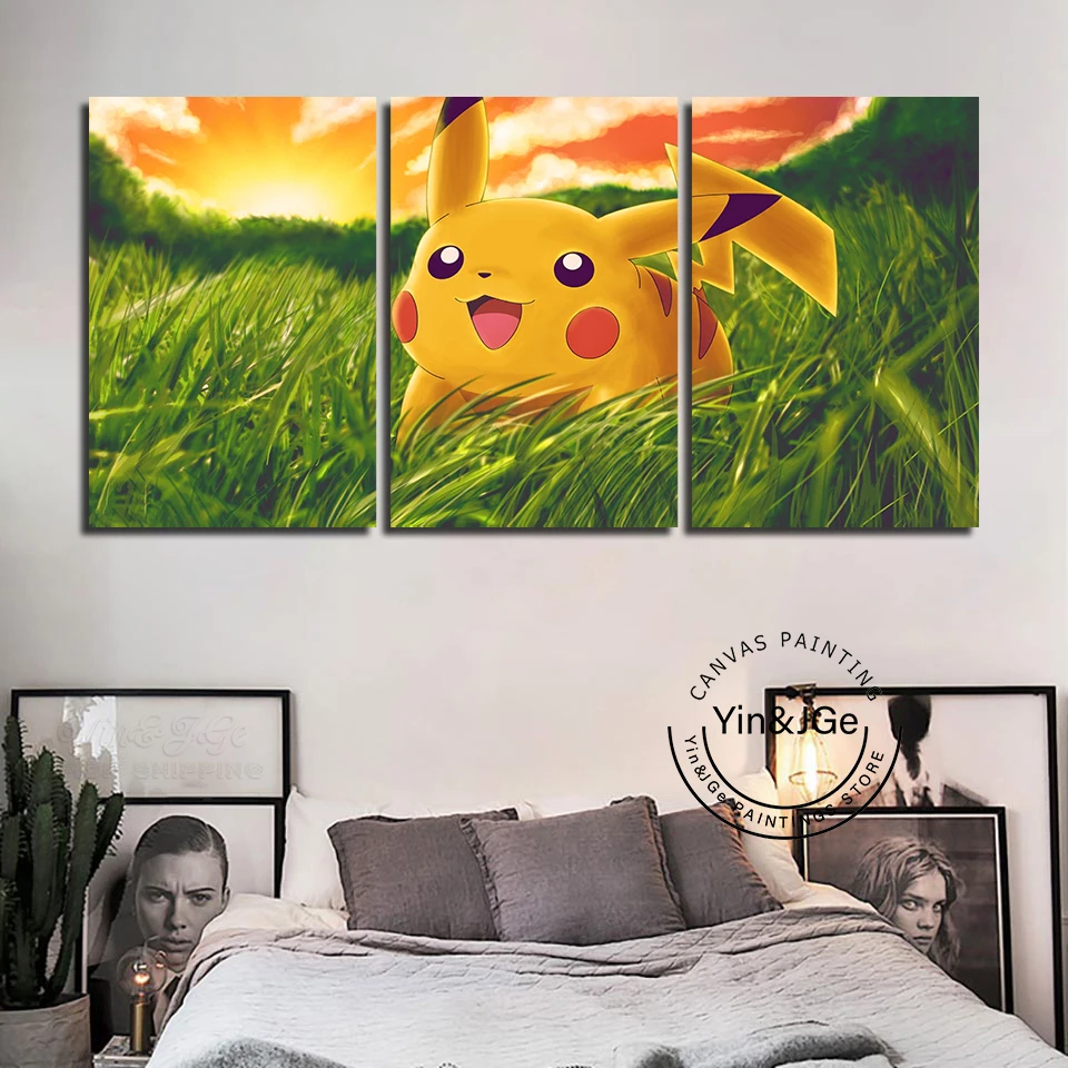 Покемон напечатанная Картина на холсте модульная 3 панели плакат PIKACHU настенное