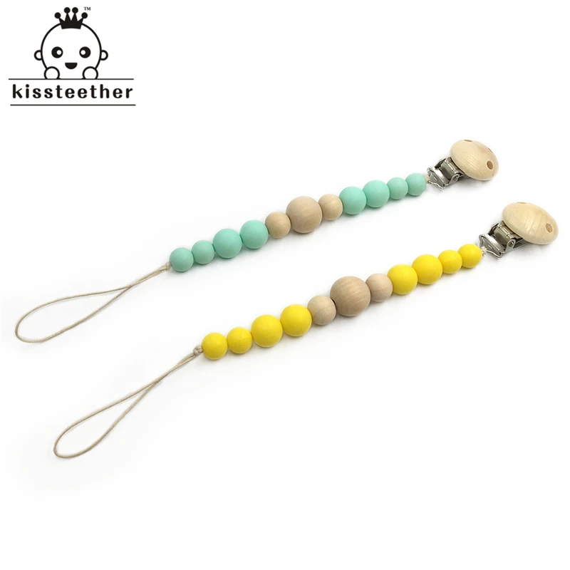 Mordedor de silicona para beb&eacute;, chupete de madera, Clip para chupete para reci&eacute;n nacido, cuentas para masticar, juguete Natural para la dentici&oacute;n del beb&eacute;-3