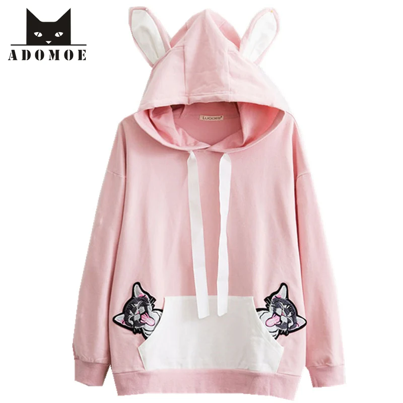 

Women Lovely Hoodie Jumper Animal Ear Hoooded Harajuku Long Sleeve Sweatshirt Kangaroo Front Pocket Cats Embroidery Pullover