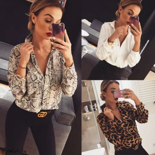

Elegant Women Autumn Leopard Print Shirts Long Sleeve Button Sexy V Neck Tops Casual Blouse Tops