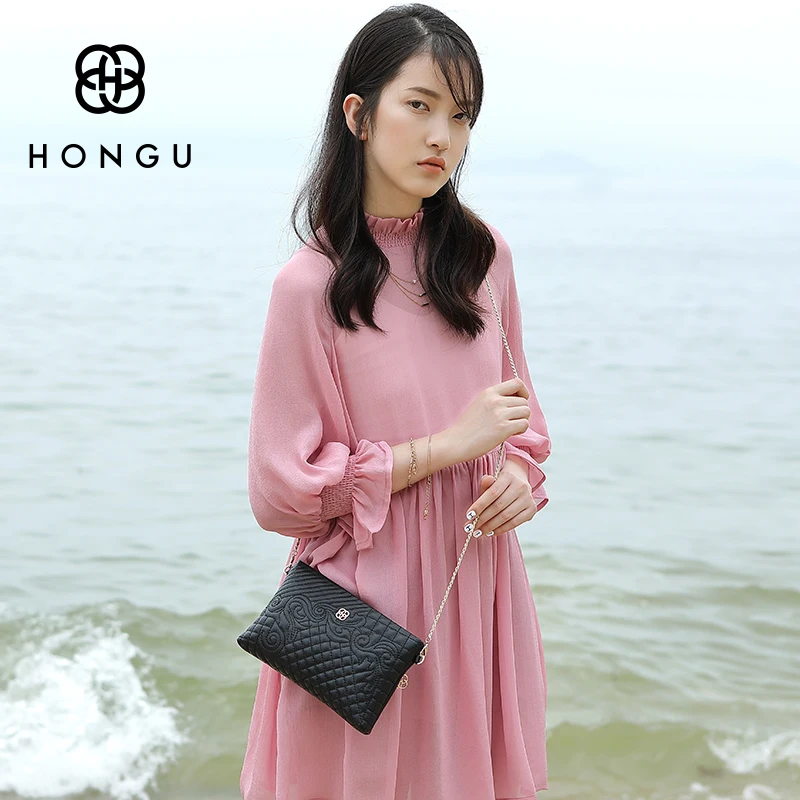 HONGU Luxury Genuine Cow Leather Evening Bag Women Messenger Shoulder Handbag Chain Business Wallet Functional Beach Storage | Багаж и
