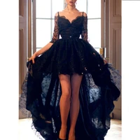 sexy double v neck hi low 2019 prom party dresses elegant black lace beaded tulle long evening formal dresses robe de soiree