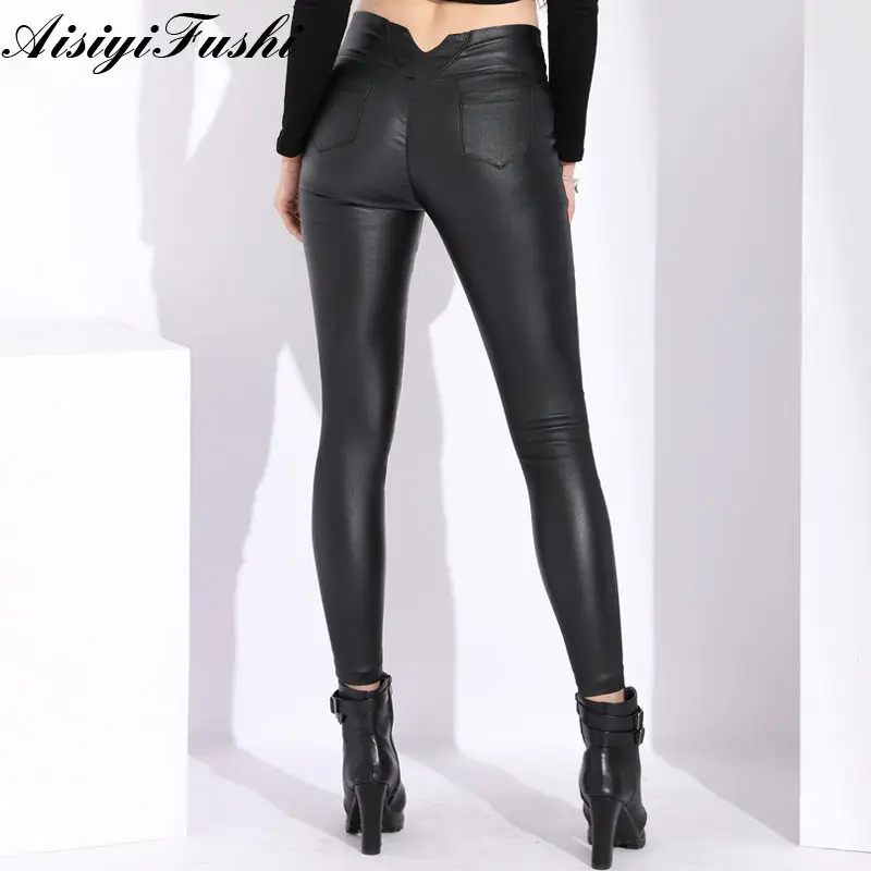 Искусственная кожа Pu низкая талия тонкие черные леггинсы карандаш тянущиеся