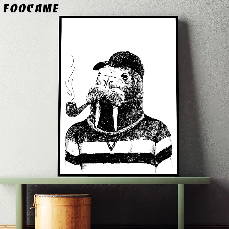 FOOCAME Cartoon Animal Hippo Pipe Black and White Posters Print Art Canvas Painting Home Decor Wall Pictures For Living Room | Дом и сад