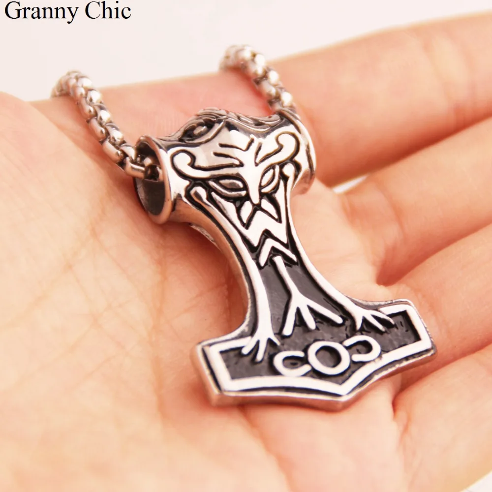 Granny Chic Popular Sale Fashion Men's Jewelry Silver Stainless Steel Vintage Thor's Hammer Pendant Box Necklace | Украшения и
