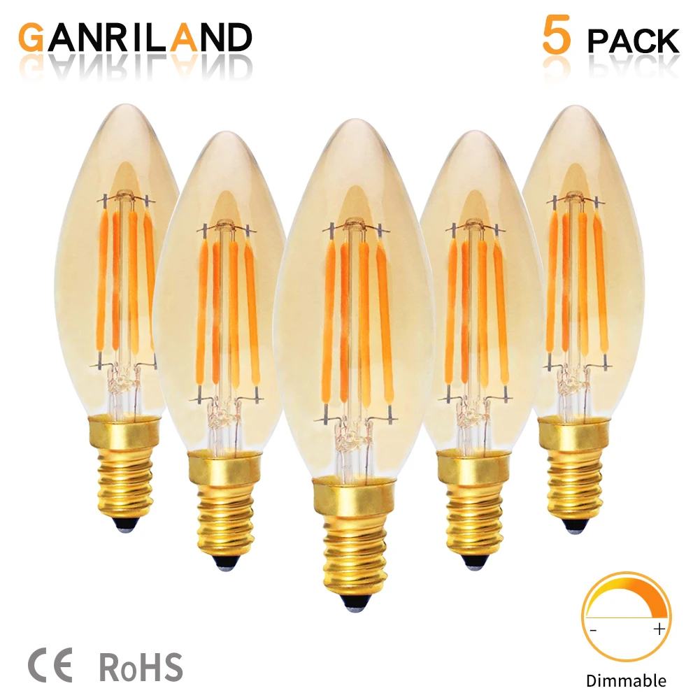 5PCS GANRILAND C35 4W светодиодный светильник E14 220V теплый 2200K Янтарный оттенок Свеча лампа ретро Светодиодный светильник накаливания с регулируемой яркостью декоративный светильник для дома - Испускаемый цвет: 5PCS