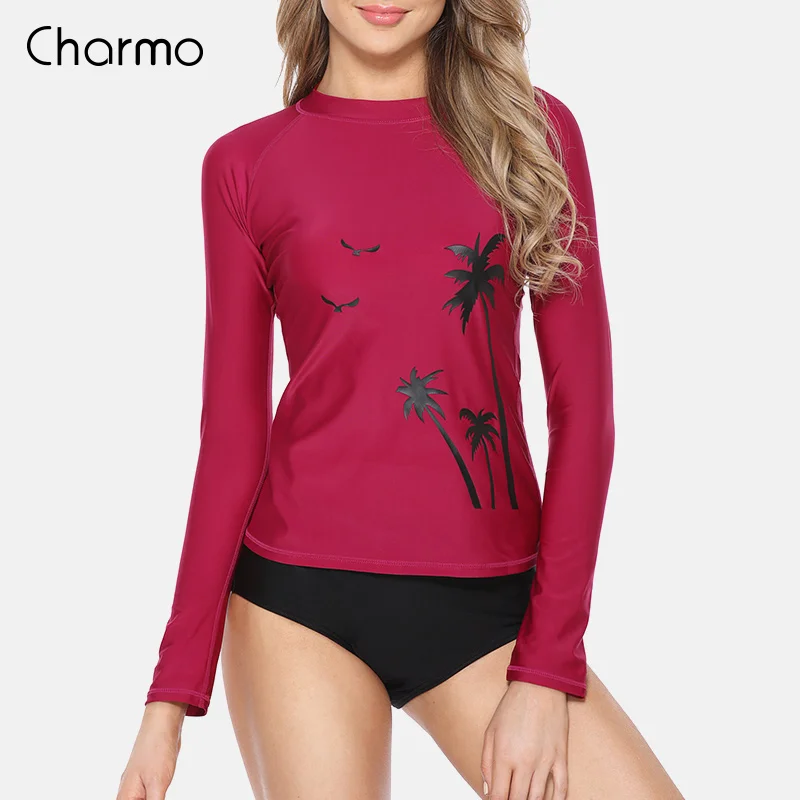Charmo Women Swimsuit Long Sleeve Rashguard Swimwear Surfing Top Swimsuit Running Shirt Hiking Shirts Rash Guard UPF50+ T-Shirts