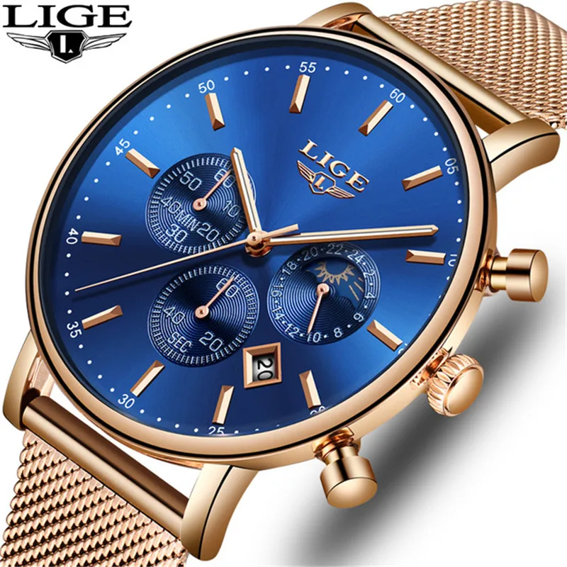 LIGE Mens Multi-Function Ultra-Thin Watches Brand Business Quartz Watch Men's All Steel Waterproof Sports Relogio+Box | Наручные часы