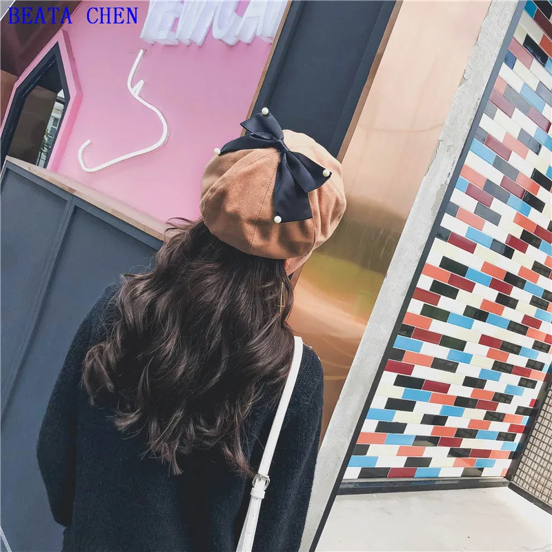 Беата Чен Новый шерстяной берет бантиком-художника шляпа красочные английский