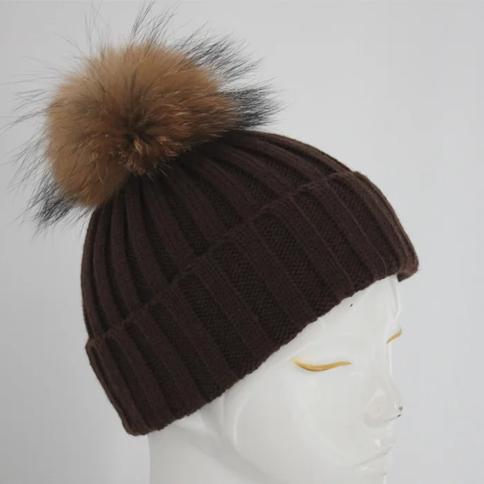Зимой beanie связанный шлем меха образный колпачок для женщин и теплые зимние человек трикотажные шапочки ёенщин крышки и меховой шапке - Цвет: brown