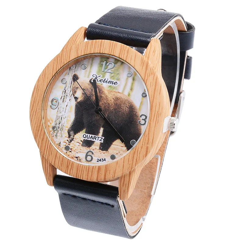 

YULUCH New Fashion Simple Ladies Quartz Wooden Watch Good Quality Brand Big Bear Pattern Dial Pu Belt Pin Buckle Watch Gift