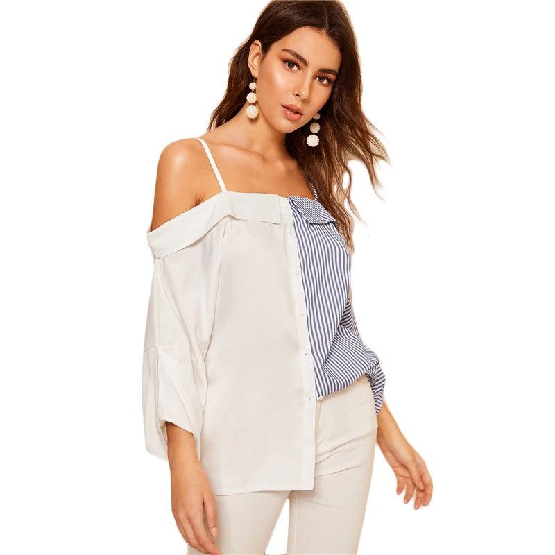 SHEIN Рубашка С Контрастным Полосатым Принтом И Открытыми Плечами Женские Весенние Многоцветные Богемные Блузки