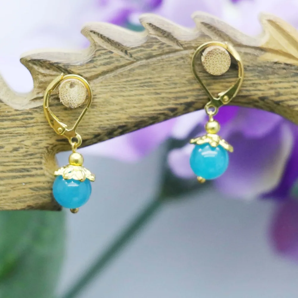 Женские классические серьги-капельки из амазонита и халцедона 8 мм | Украшения