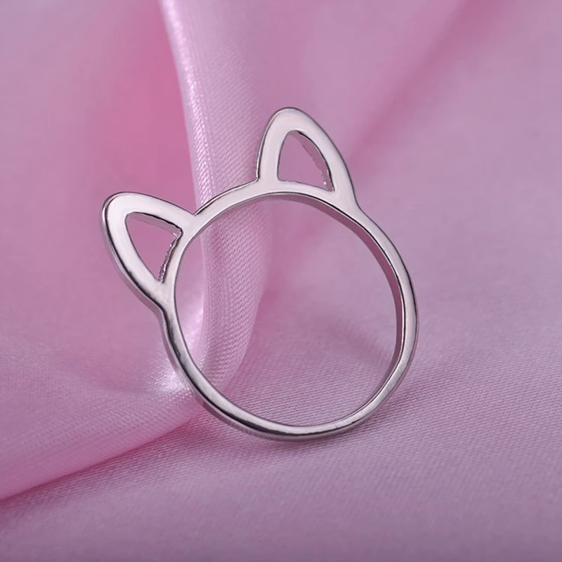 New Trend Cartoon Animal Zinc Alloy Black Rings for Women Silver Cute Cat Ears Simple Rings for Girls