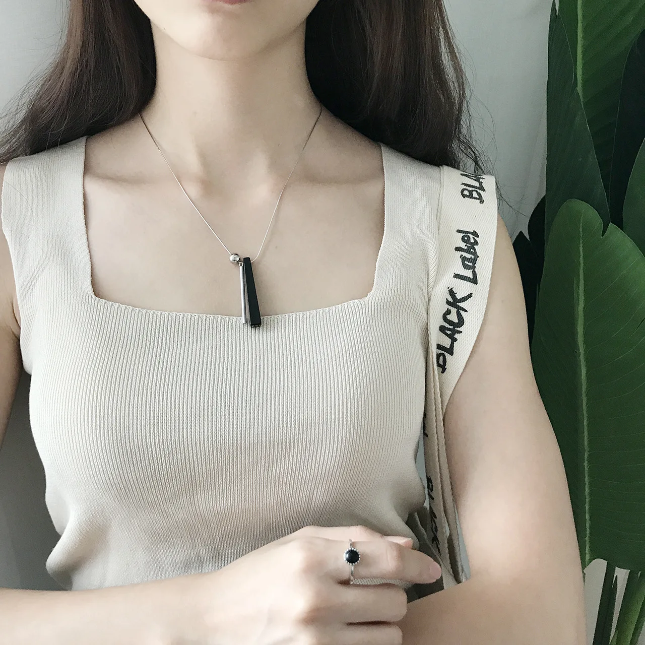 Spanish Designer 925 Sterling Silver Necklace Rectangular Column Black Stone Chain Pendant |