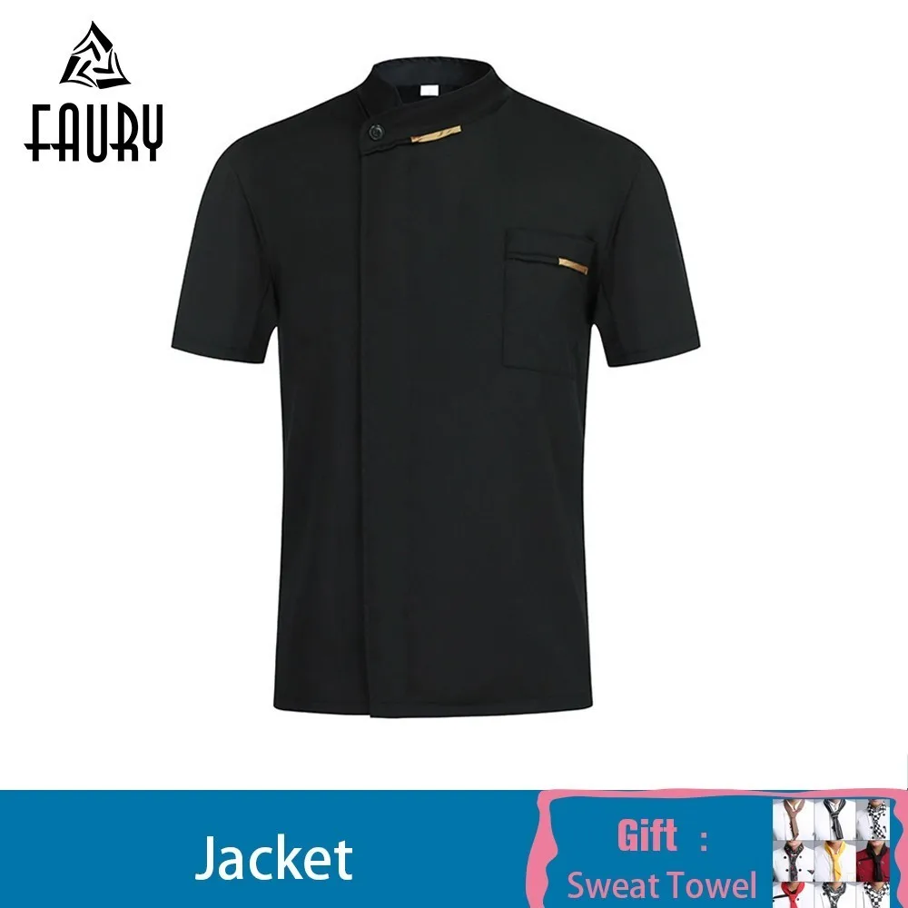 

2021 Chef Waiter Uniform Short Sleeve Kitchen Restaurant Cook Chef Jaket Shirt Breathable Barber Sushi Costumes Free Scarf Gift