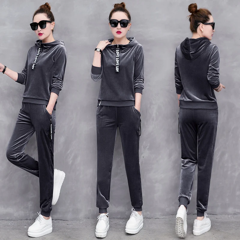 Женский бархатный комплект из 2 предметов повседневный спортивный костюм
