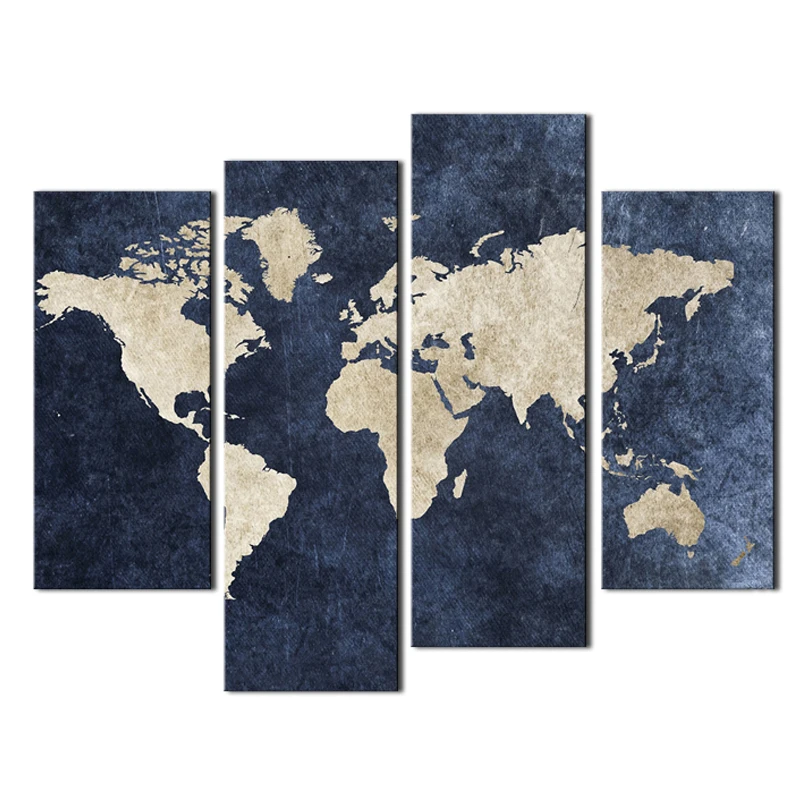 

4 Panel World Map Canvas Painting Blue Map Painting Picture Print On Canvas For Home Decor No Frame