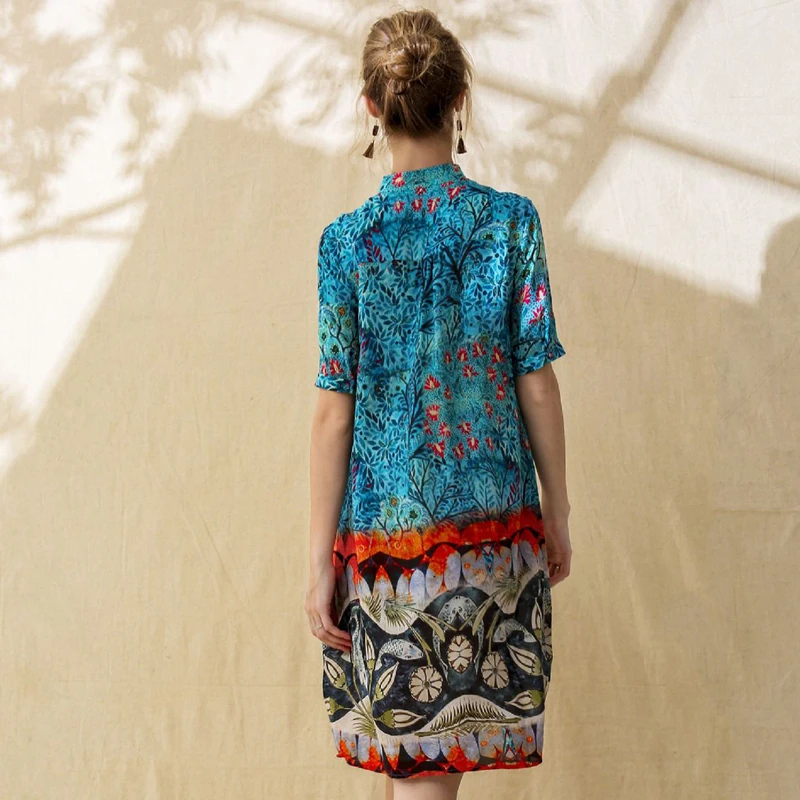 100% шелковое платье женское с принтом круглым вырезом пэчворк Половина рукава
