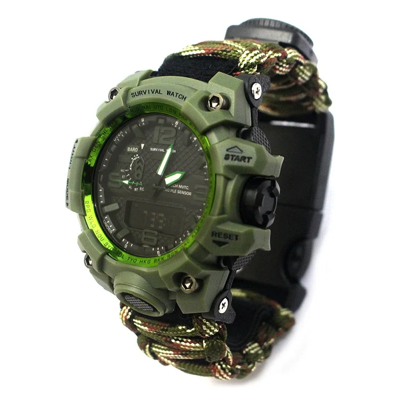 Military watch Открытый выживания часы с Паракордом шестерни Водонепроницаемый аварийный лагерь браслет нож компас свисток термометр аптечки edc - Цвет: Military watch