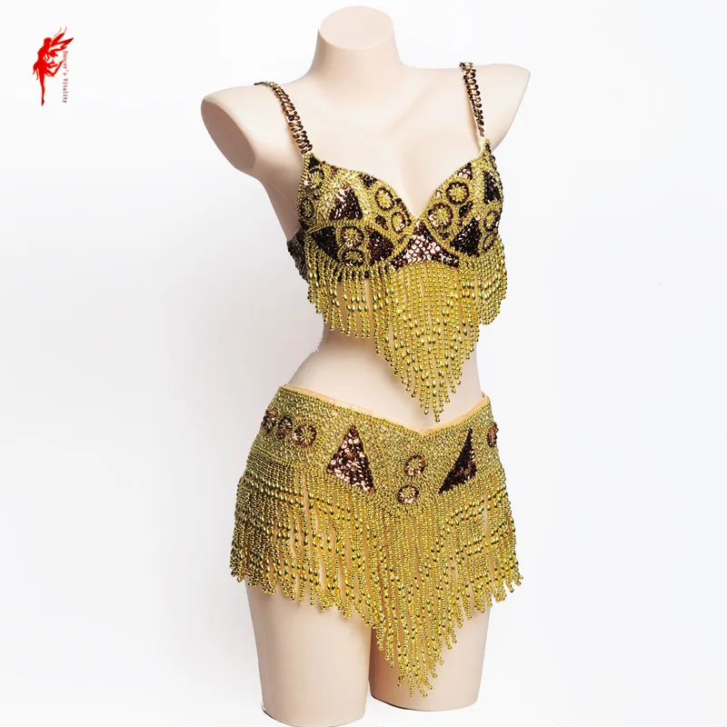Женский костюм для танца живота комплект из бюстгальтера с бисером и бахромой