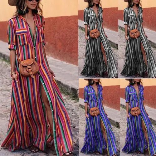 Женское платье в цветную полоску Повседневное с коротким рукавом для пляжа и