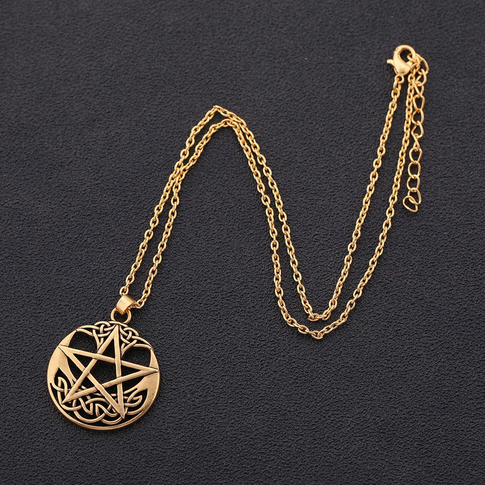 LIKGREAT Vintage Pentagram Round Pendant Necklace Celtics Knot Wicca Jewerly Hollow Pentacle Accessories Amulet Necklace