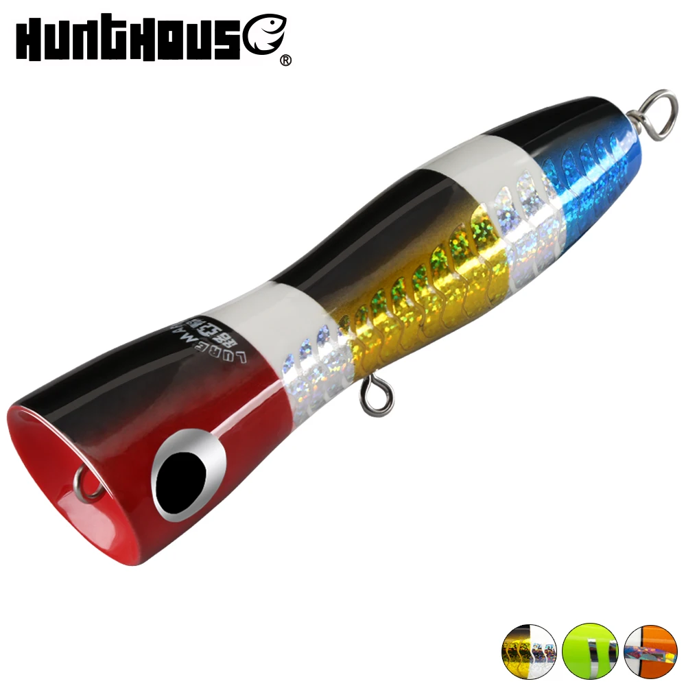 HuntHouse Wooden lure fishing popper Topwater Handmade Fishing Trolling Baits Spitter GT Surface Popping Lures durable swimbait
