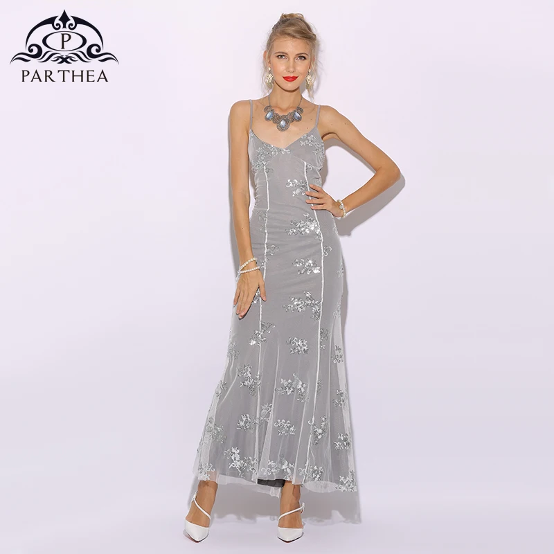Длинное платье с блестками Parthea женское летнее 2018 серое макси сексуальные