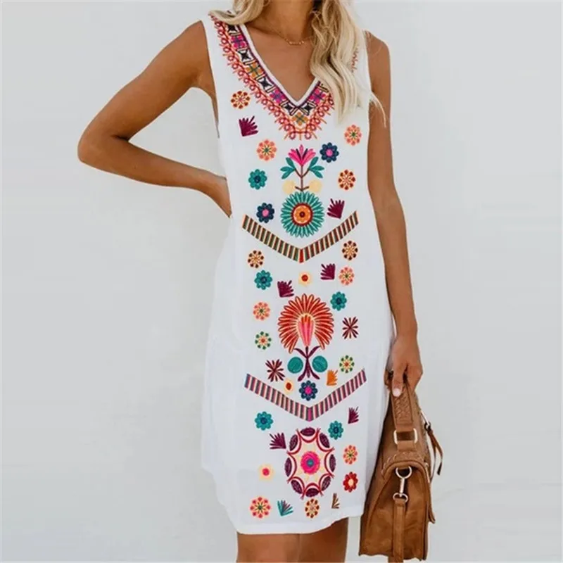 10pcs/lot Women Summer Casual Dress 2019 Plus Size V Neck Sleeveless Mini Floral Print A Line Loose Beach | Женская одежда